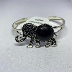 Silver Tone Elephant Black Stone Cuff Bracelet